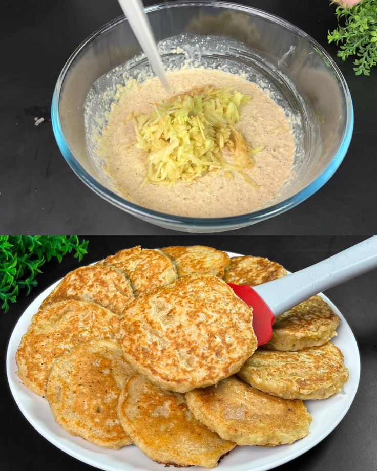 two plates filled with pancakes and some dipping sauce