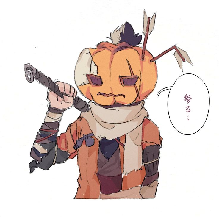 a drawing of a pumpkin with an arrow in it's mouth and another person holding a knife