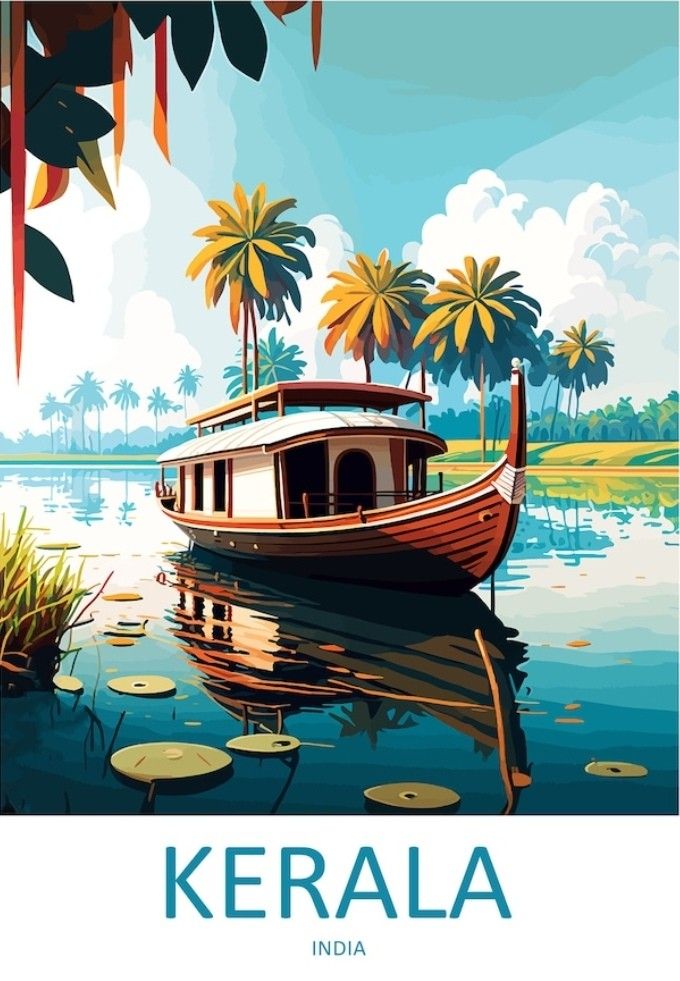 a boat floating on top of a lake next to palm trees and water lilies