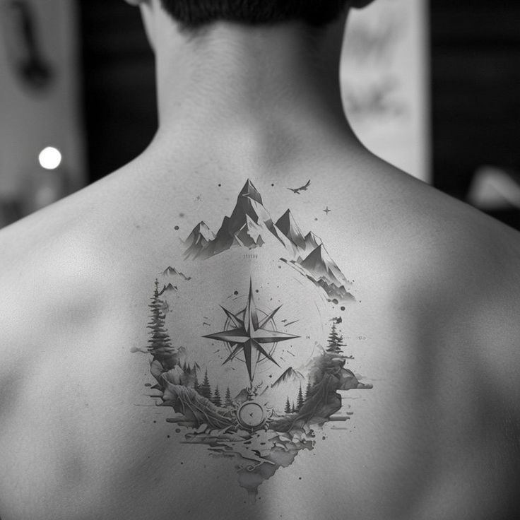 a man with a compass tattoo on his back