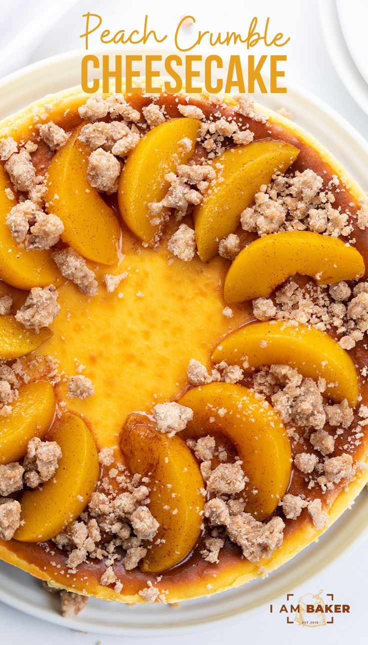 peach crumble cheesecake on a white plate