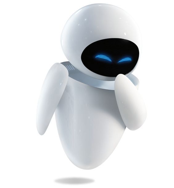 a white robot with blue eyes and arms