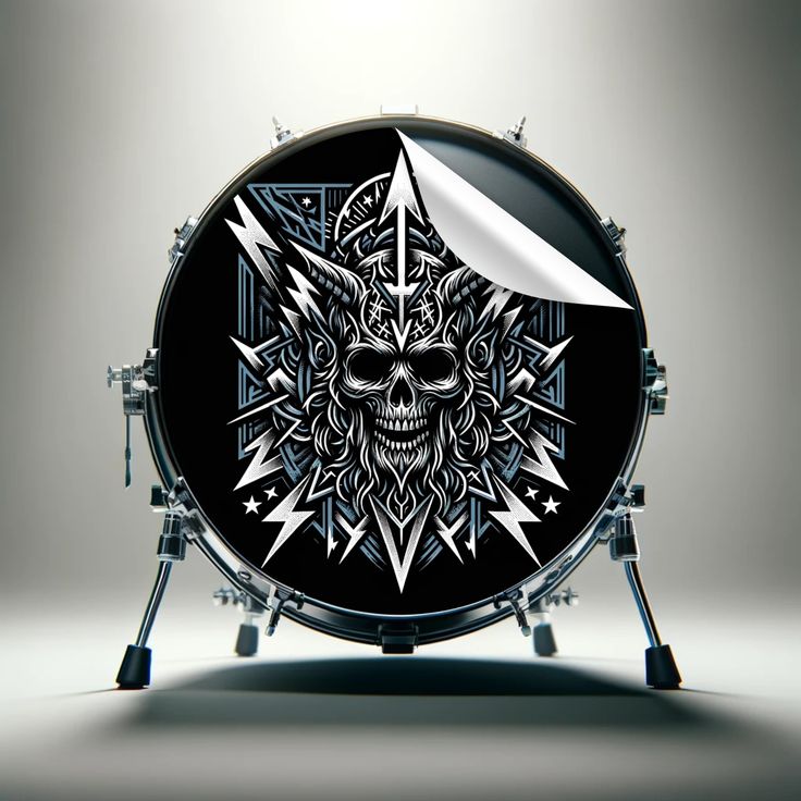 a drum with a skull on the side and lightnings in the middle is shown