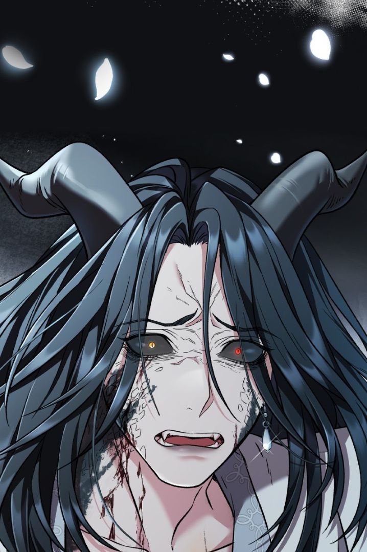 an anime character with long black hair and horns on his head, staring at the camera