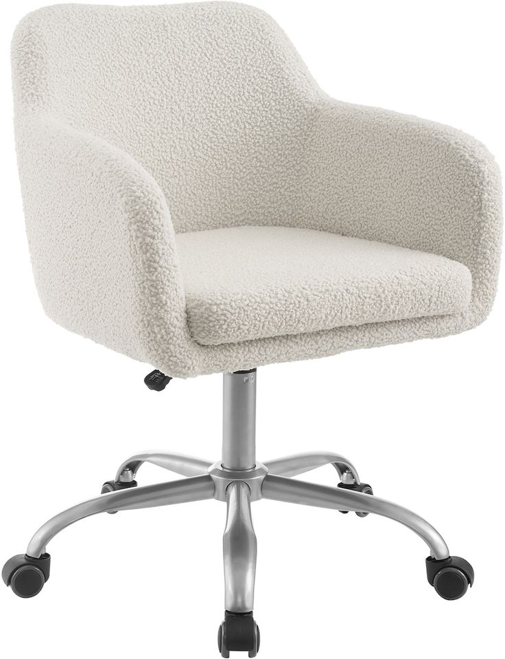 a white office chair with wheels and casteors on an aluminum base, against a white background