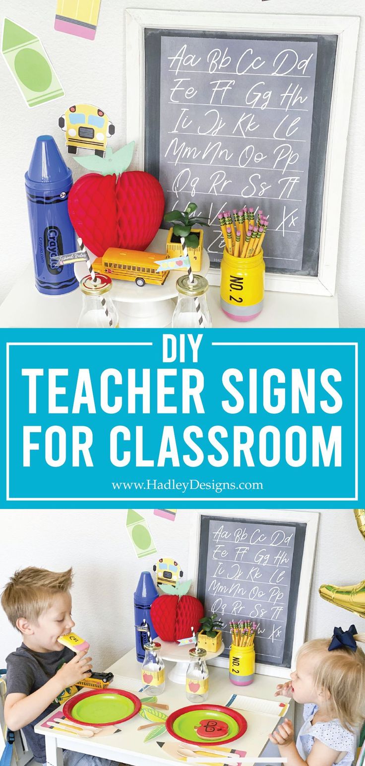 two young children sitting at a table in front of a chalkboard with the words diy teacher signs for classroom written on it