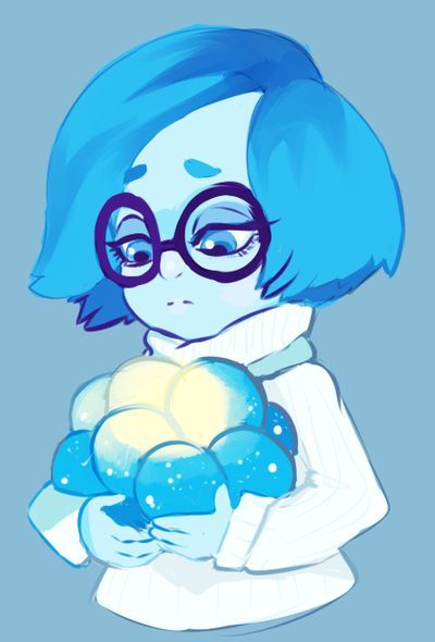 a drawing of a girl with blue hair and glasses holding some balls in her hands