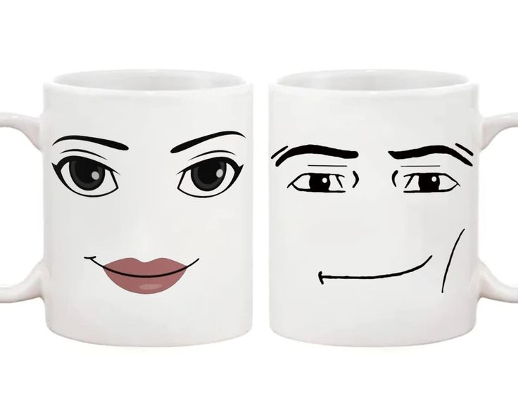 two coffee mugs with faces drawn on them