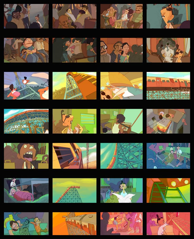 an animation strip showing various scenes from the animated film's storyboard, including people and