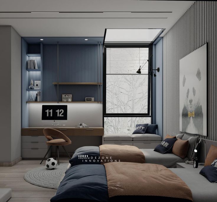 a bedroom with two beds and a soccer ball on the floor