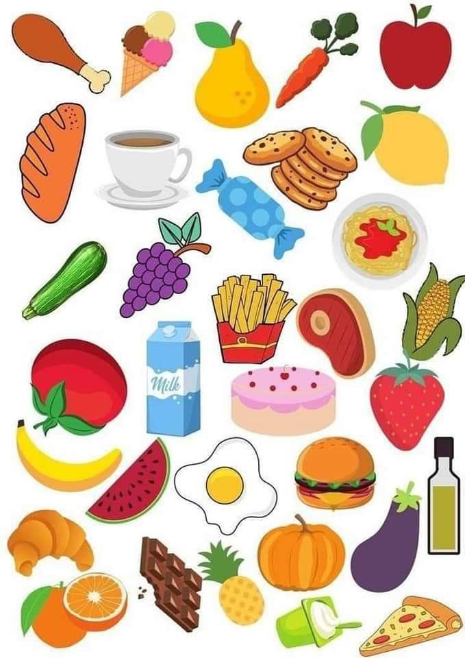 an assortment of food and drinks on a white background