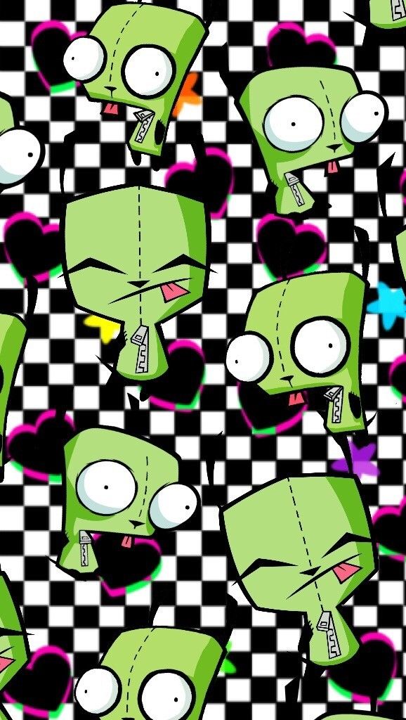 the green cartoon character is on checkered paper with black and white squares in the background