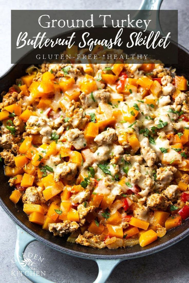 a skillet filled with ground turkey and vegetables