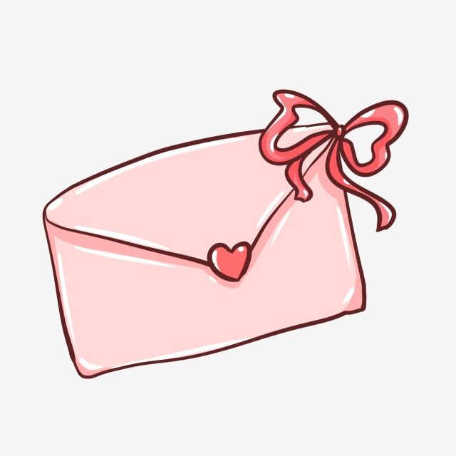 a pink envelope with a heart on the front and a bow at the top, drawn by hand