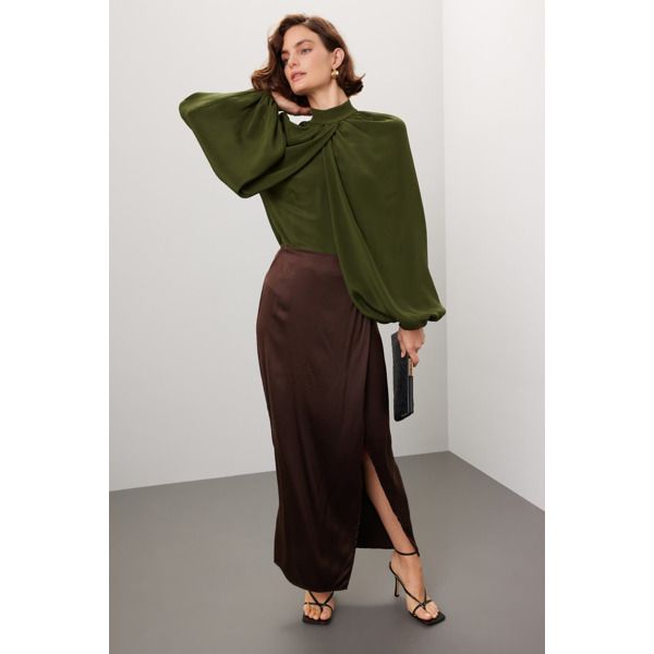 Green satin (65% Acetate, 35% Silk). Top. Long sleeves. Mock neck. Back zipper closure. 20.5" from shoulder to hemline. Imported. Rent The Runway, Closet Designs, Satin Top, Green Satin, Wrap Top, Silk Top, Mock Neck, Long Sleeves, Satin