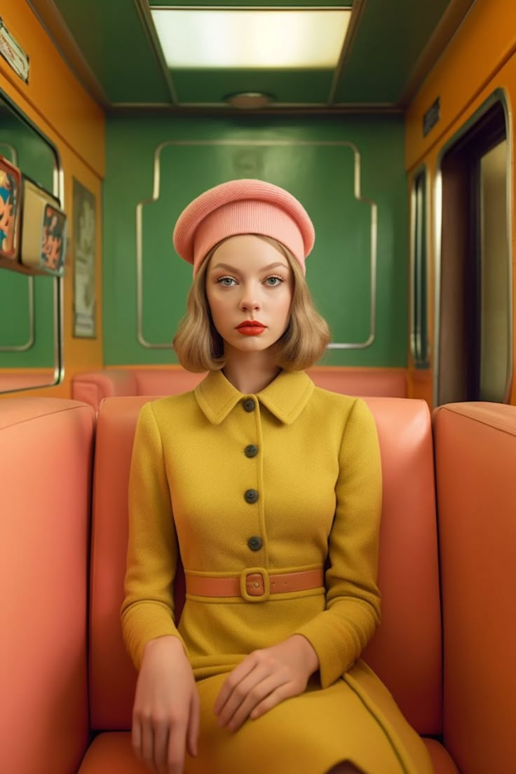 a woman in a yellow dress and pink hat sitting on a train