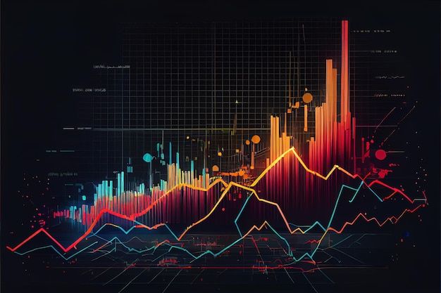 an abstract background with colorful lines and mountains in the center, on which there is a large amount of data