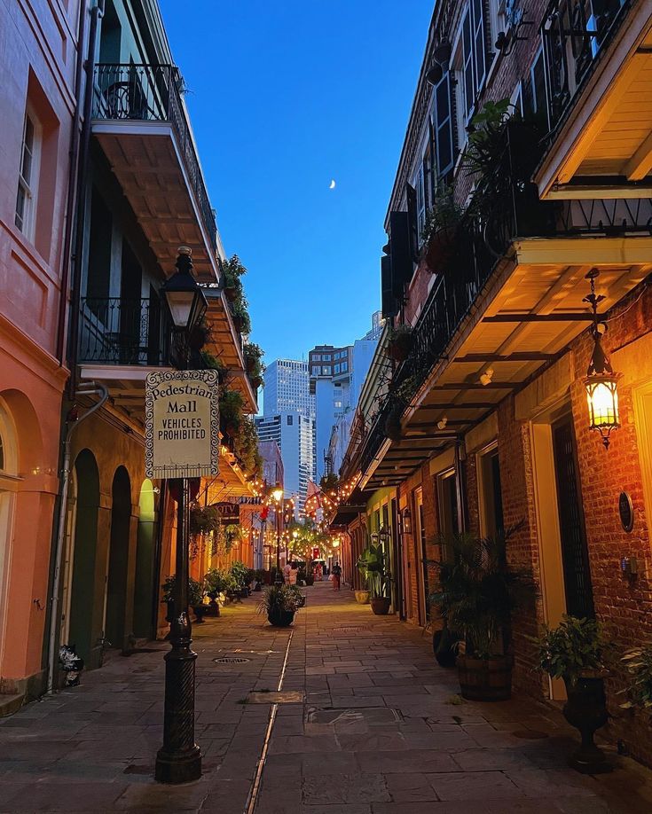 an alleyway in the city at night with lights on and plants hanging from balconies