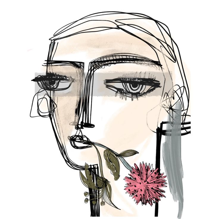 a drawing of a woman's face with flowers in her mouth