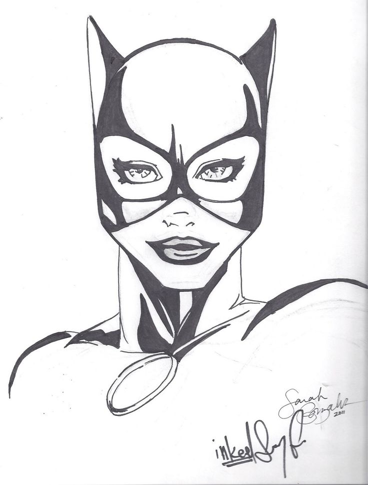 a black and white drawing of a woman wearing a cat mask