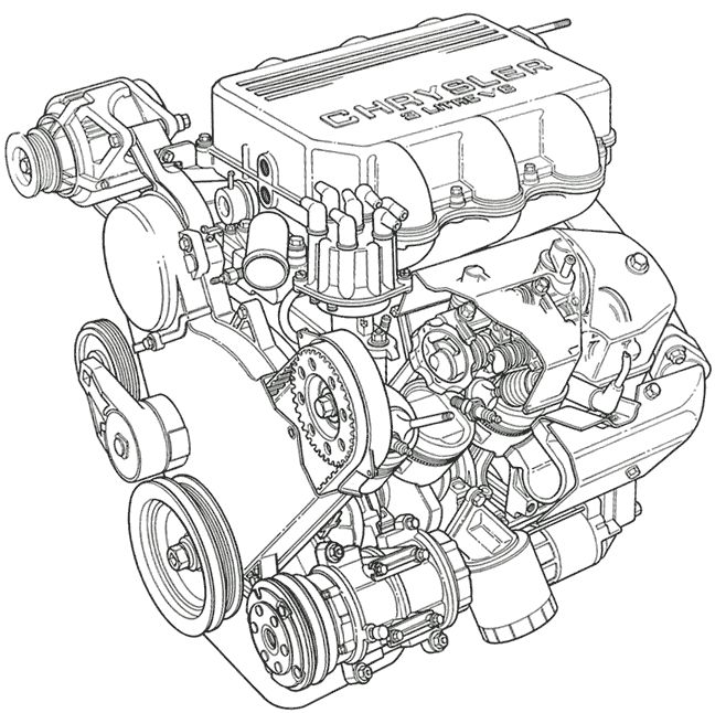 a drawing of an engine with the hood open