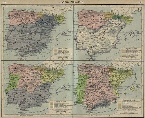 three maps of spain and portugal in the 19th century, showing major roads that lead to cities