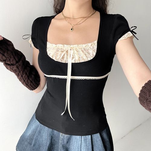 Sosana - Short Sleeve Mock Two Piece Lace-Panel Tie-Front Crop Top | YesStyle Korean Top, Belt Blouse, Style College, Sweet Tee, Sweet Clothes, Cute Summer Tops, Patch Work Blouse, Style Kawaii, Dark Coquette