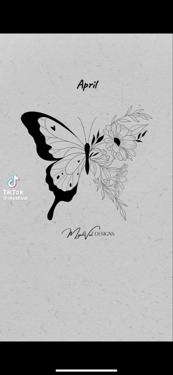 a black and white drawing of a butterfly with flowers on it's back side