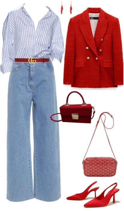 White And Red Shirt Outfit, Red And Maroon Outfit, Red Bag Outfit Ideas, Emily Gilmore Outfits, Red Capsule Wardrobe, Red Blazer Outfit For Work, Red And Blue Outfit, Outfits 40s, Looks Total Jeans