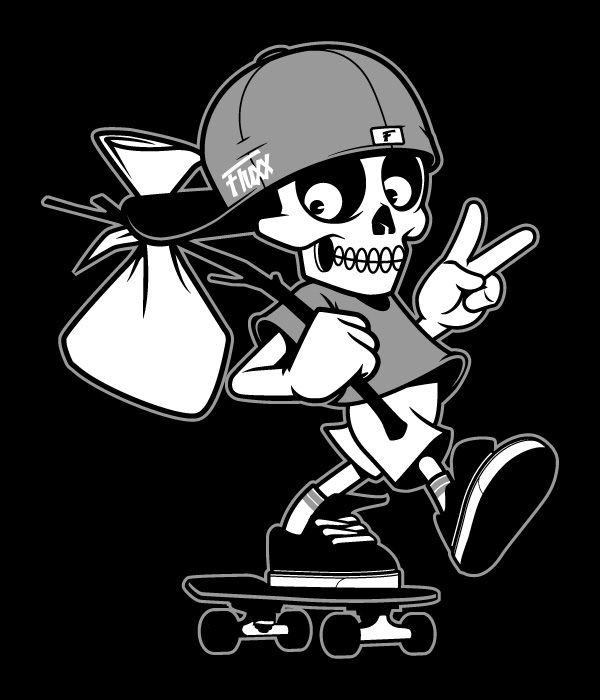 a cartoon skeleton riding a skateboard with a bag on his shoulder and pointing to the side