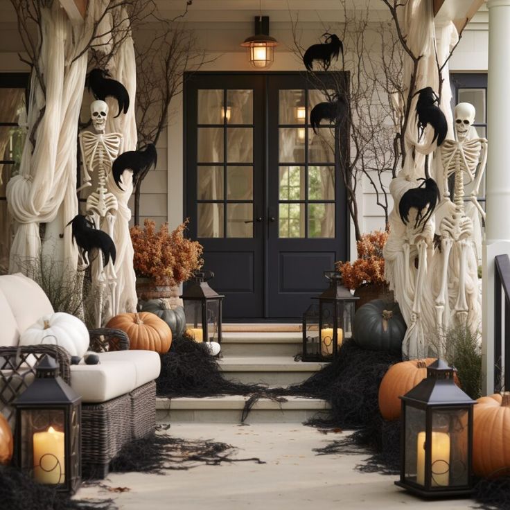 a porch decorated for halloween with skeletons and pumpkins