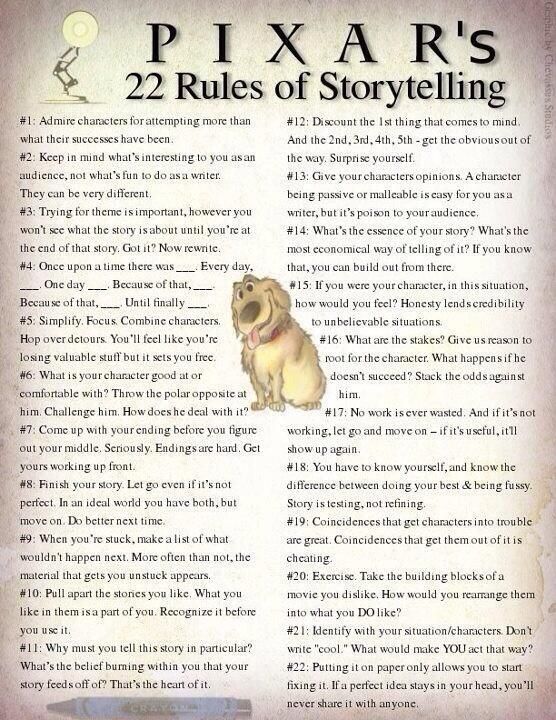 an advertisement for pixar's 22 rules of storytelling with a dog