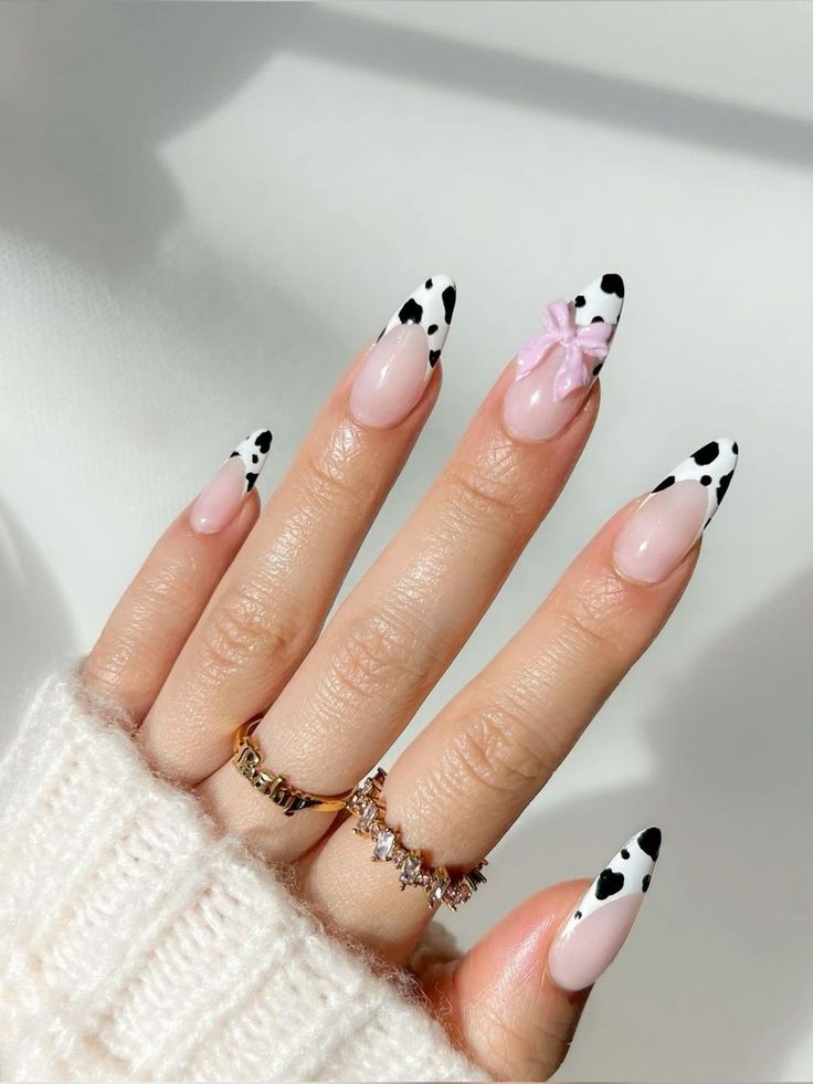 Glow In The Dark Cow Print Nails, Farm Inspired Nails, Nails Design Cow Print, Almond Acrylic Nails Cow Print, Cow Print Birthday Nails, Cowgirl Almond Nails, Nails Print Animal, Cow Nails Almond, Cowgirl Theme Nails