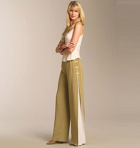 Misses Trousers. Vogue Sewing Pattern No. 1050. All Sizes.From the 'Today's Fit by Sandra Betzina' range.Lower calf or full length trousers have slightly flare pant legs, waistband with elastics at sides and back zip. B: contrast pleat underlay at sides with or without contrast trim inserts. Optional side closures: tie ends, purchased frog closures or bar tacks. Wide Legged Pants, Sewing Pants, Pants Sewing Pattern, Vogue Sewing, Vogue Sewing Patterns, Vogue Pattern, Vogue Patterns, Sewing Blogs, Sewing Pattern Design