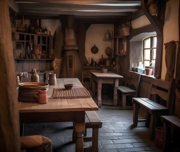 an old fashioned kitchen with wooden tables and benches