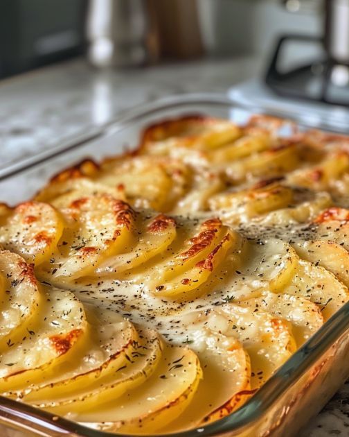 a casserole dish with potatoes and cheese in a glass baking dish on a counter