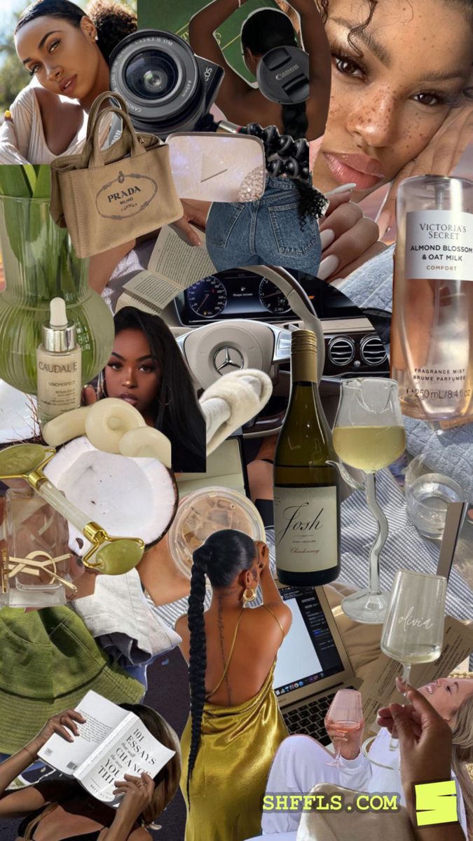 the collage shows many different types of women and their personal items, including wine glasses