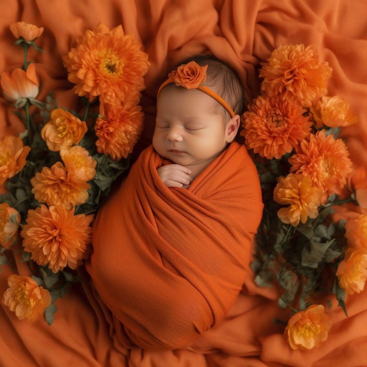 a baby wrapped in an orange blanket surrounded by flowers