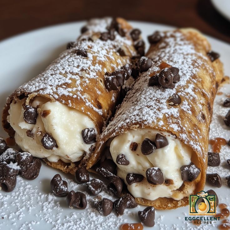 two chocolate chip crepes on a plate with powdered sugar and chocolate chips