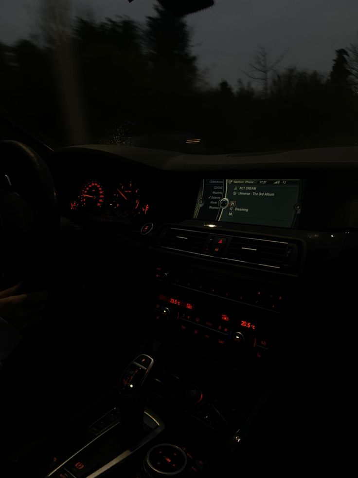 the interior of a car with dashboard lights on at night, and trees in the background