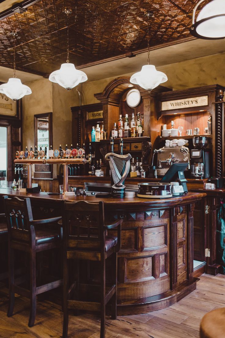 an old fashioned bar with lots of stools