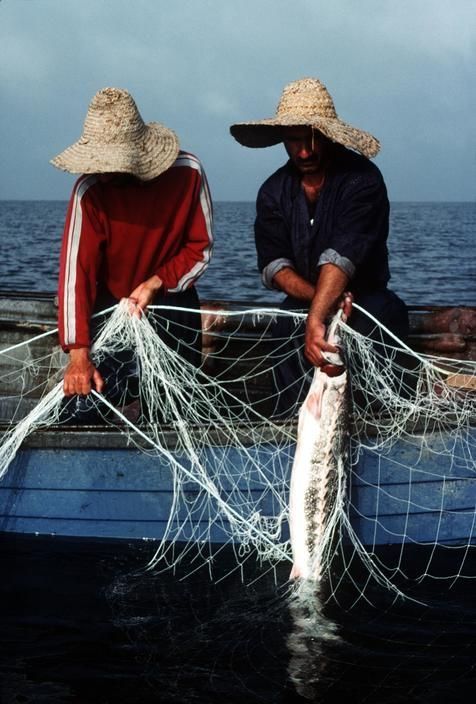 two men sitting on a boat with fishing nets