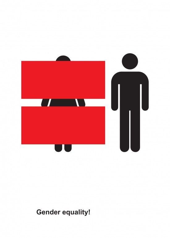 a man standing next to a red box with the word gender equality written on it