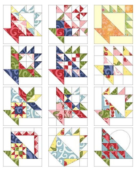 the blocks are all different colors and patterns, but one block has been made into a quilt