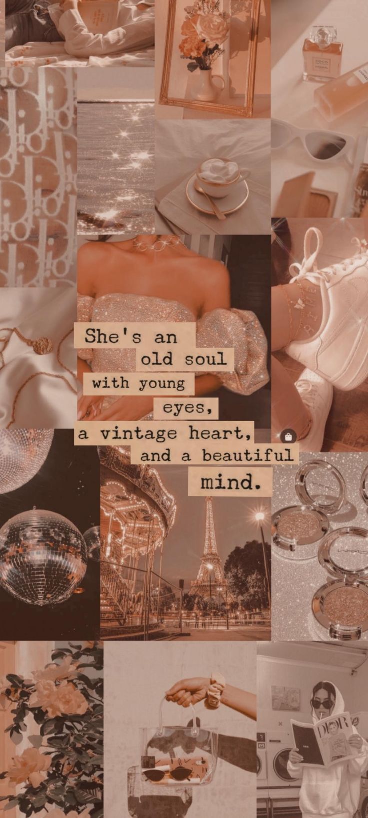 a collage of photos with words and pictures on them that say, she's an old soul with young joy