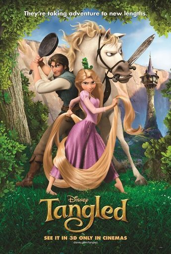 tangled movie poster with rap and princess on the horse in front of trees, surrounded by green foliage