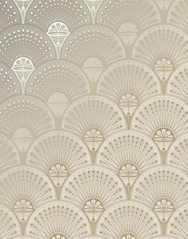 an art deco wallpaper design with fan shapes in pink and beige colors on a white background