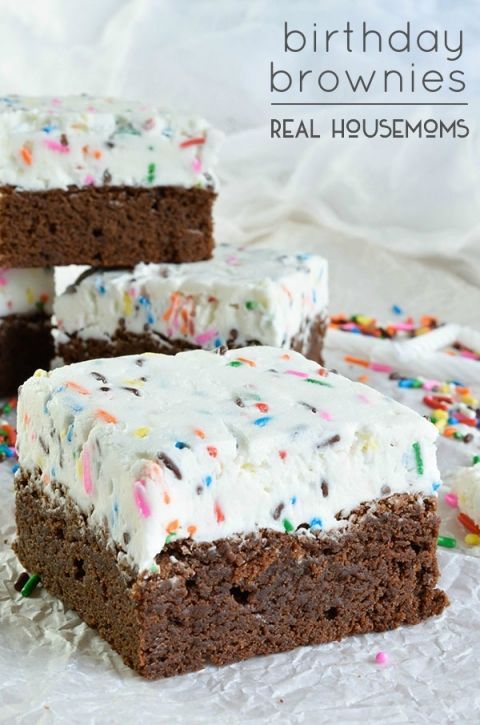 birthday brownies with white frosting and sprinkles