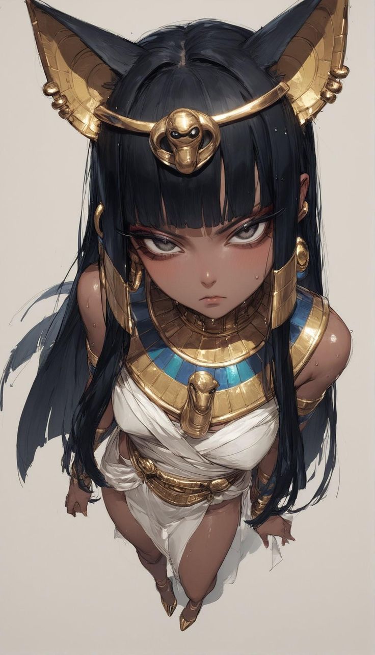 an anime character with black hair and gold armor on her head, standing in front of a white background