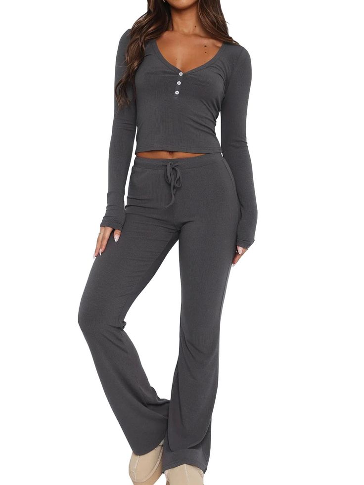 PRICES MAY VARY. Material: 95%Rayon+5%Spandex. soft and lightweight, which is breathable and skin friendly to makes you feel cool and cozy, to enjoy comfortable sleep. Features: Women 2 piece outfits with tight fitting type, solid color. Ribbed knit button down long sleeve crop tops and sweatpants. V-neck lounge sets. Pajama sets for women 2 piece. Fashion outfits: Women two piece tracksuits can be worn both at home or wear it to exercise. And it's the best choice for summer outfits. Occasions: Matching Leisure Set, Amazon Pajama Pants, Crop Top Pajama Set, Woman’s Pjs, Trendy Matching Sets, Two Piece Comfy Set, Lounge Wear Inspiration, Sweat Set Women, Fall Pajama Set